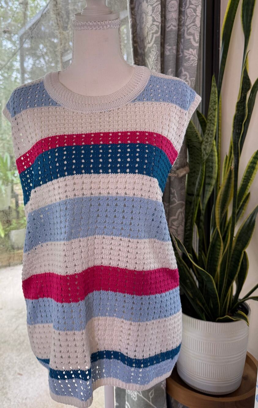 City Chic Size 20/L Crochet Knit Striped Sleeveless Sweater Top Plus